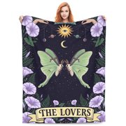 Luna Moth Throw Blanket Luna Moth Gifts, The Lovers Tarot Card Decor, Celestial Sun Moon Stars, Floral Pattern, Home Decor Accessory, Lightweight Warm Plush Couch Blanket for Sofa Travel Office 50x40
