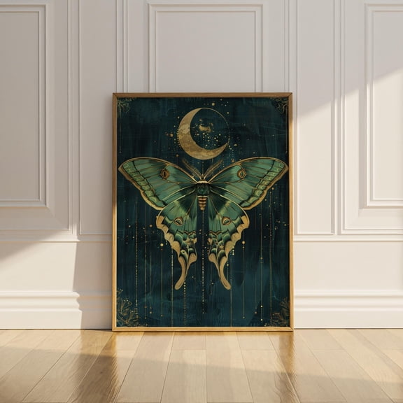 Luna Moth Wall Art Artdeco Digital Download Actias Luna Crescent Moon Witchy Occult Cottagecore Fairycore Artwork Vintage Wall Decor, Stretched Canvas Size 8x12