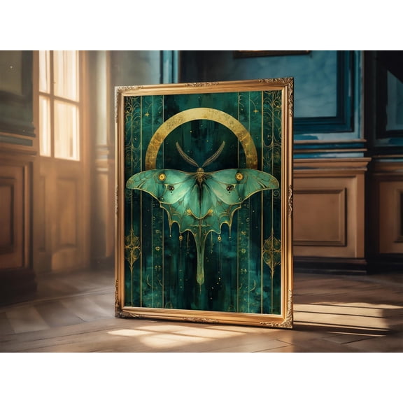 Luna Moth Wall Art Digital Download Actias Luna Crescent Moon Witchy Occult Cottagecore Fairycore Artwork Vintage Wall Decor, F114, Unframed Canvas Size 8x12