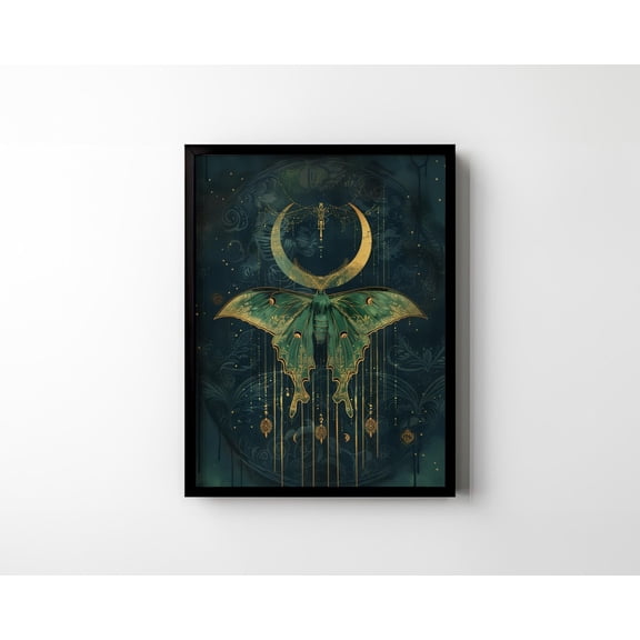 Luna Moth Wall Art Digital Download Actias Luna Crescent Moon Witchy Occult Cottagecore Fairycore Artwork Vintage Wall Decor, Unframed Canvas Size 12x18