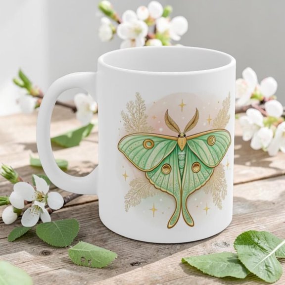 Luna Moth Watercolor Mug, Celestial Green Butterfly Coffee Cup, Whimsil Art Tea.jpg