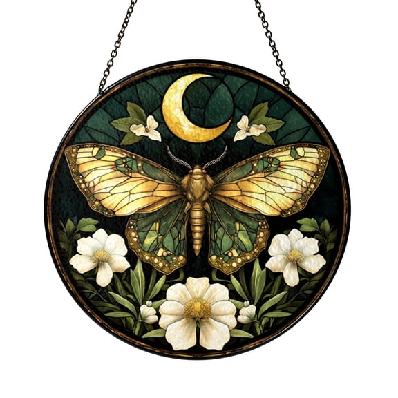 Luna Moth Window Stained Glass Panel Night Sky Moon Design Hanging Mystical Decor