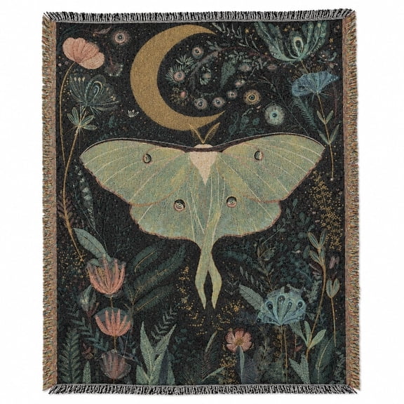 Luna Moth Woven Cotton Throw Blanket with Fringe, Botanical Moon Tapestry Design