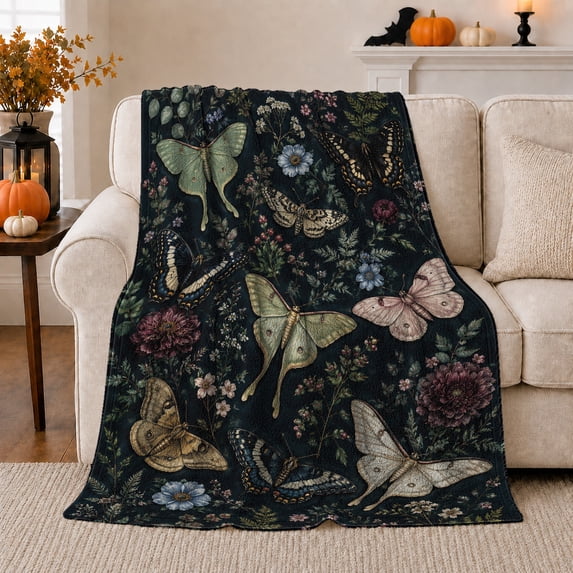 Luna Moths and Butterflies, Elegant Vintage Style for Moth Lovers, Botanical Wing Scene, Cozy Flannel Blanket for Bedroom and Reading Nook, Housewarming Gift and Botanical Home Decor