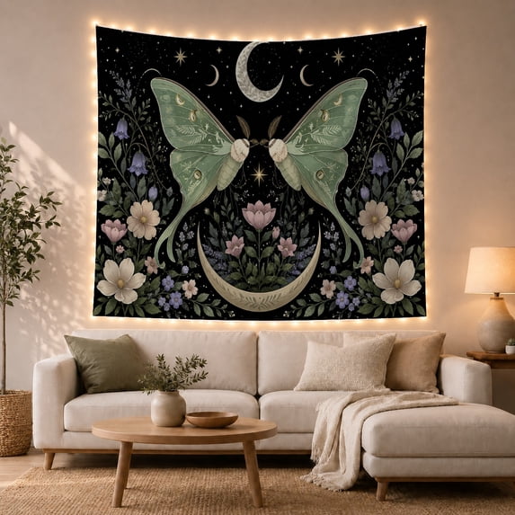 Luna Moths Above Crescent Moon in Celestial Night Sky, Dreamy Celestial for Nature Lovers, Botanical Wall Art Decor, Housewarming Gift, Tapestry Wall Hanging for Bedroom and Living Room