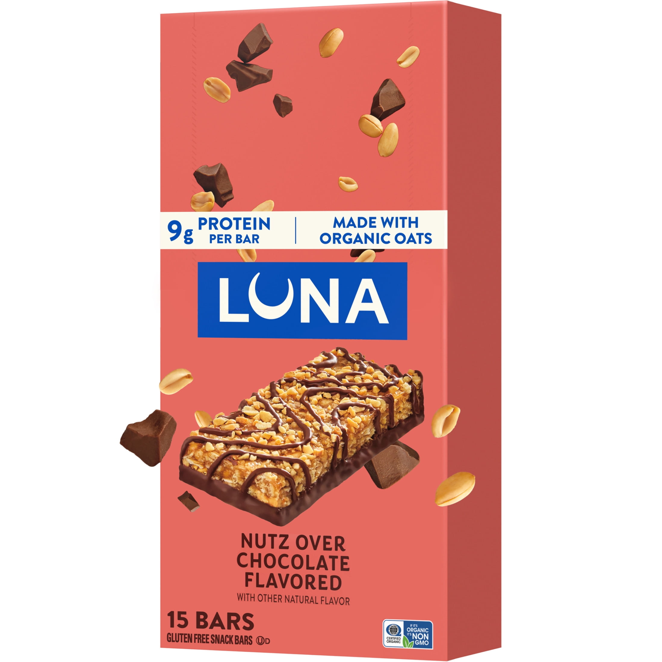 LUNA Nutz Over Chocolate Flavor Gluten Free Snack Bars, Protein Bars, 15ct