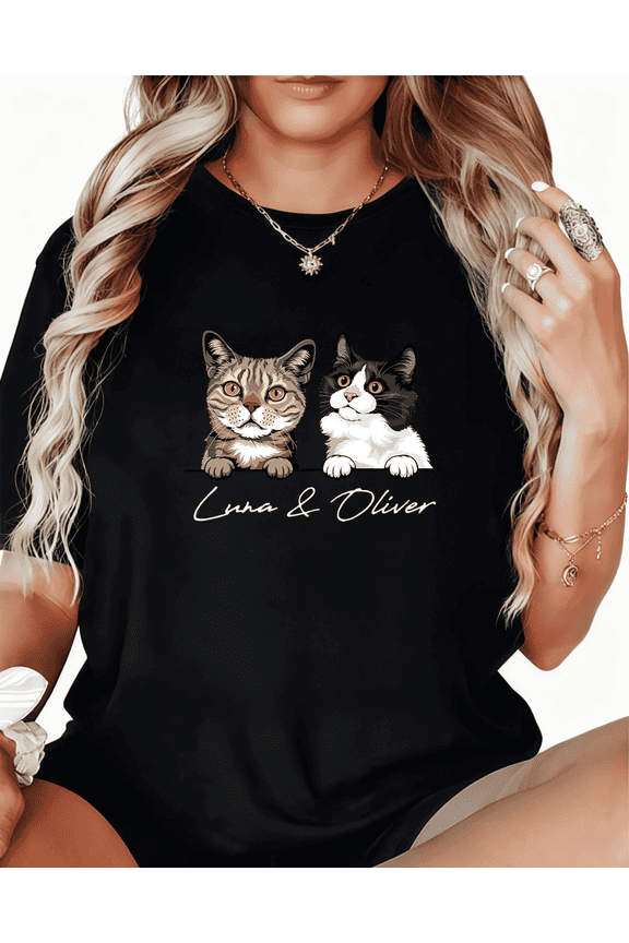 Women's cotton Black Personalized Cat Luna & Oliver Name Print Tshirt Graphic Tees Shirts S-5XL Pet Lover Custom Tops
