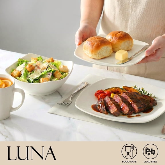 Luna Plates and Bowls Sets, 16 Piece Modern Porcelain Dish Set for 4, Chip and Scratch Resistant Square Dinnerware Set, Microwave and Dishwasher Safe, White