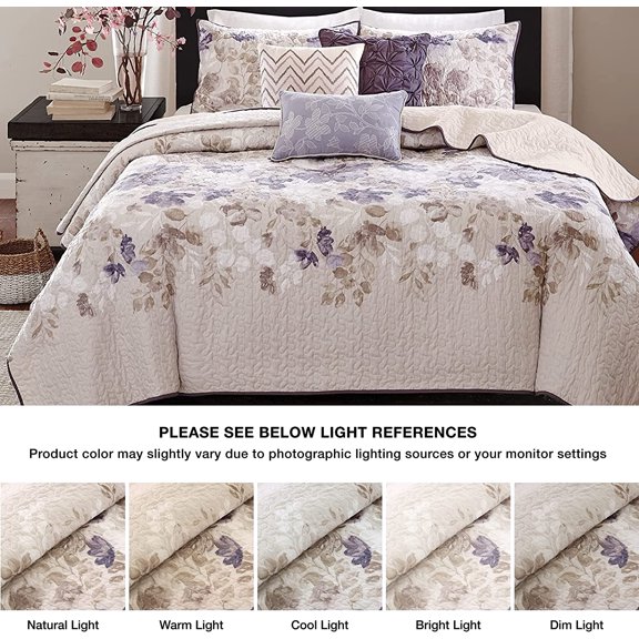Luna Quilt Modern Classic Design All Season Breathable Coverlet Lightweight Bedding Set Full Queen Floral Taupe