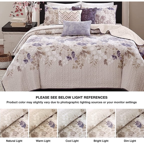 Luna Quilt Modern Classic Design All Season Breathable Coverlet Lightweight Bedding Set Matching Shams Decorative Pillow Full Queen Floral Taupe 6 Piece
