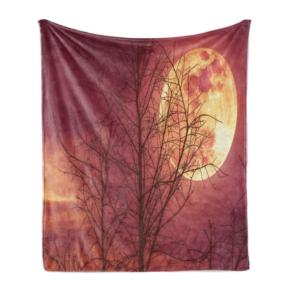 Luna Soft Flannel Fleece Throw Blanket, Night Sky Super Moon Behind Silhouette of Dead Tree Serenity Nature, Cozy Plush for Indoor and Outdoor Use, 50" x 70", Dried Rose Yellow Brown, by Ambesonne