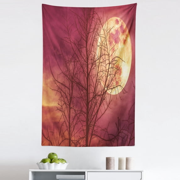 Luna Tapestry, Night Sky Super Moon Behind Silhouette of Dead Tree Serenity Nature, Fabric Wall Hanging Decor for Bedroom Living Room Dorm, 5 Sizes, Dried Rose Yellow Brown, by Ambesonne