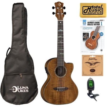 Luna UKE HTT KOA Tenor Ukulele with Built-in Preamp TMS Book Bundle