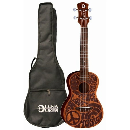 Luna UKE PCE C Love Music Peace Concert Ukulele w/ Gigbag, Pau Ferro