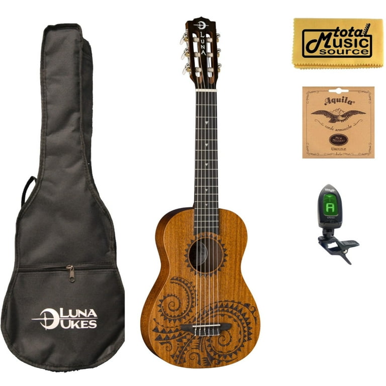 Luna UKE TAT 6 MAH Uke Tattoo 6 String Baritone Ukulele Mahogany TMS Bundle