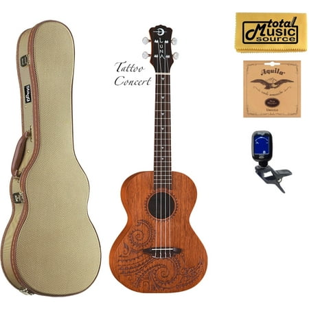Luna UKE TC MAH Concert Tattoo Ukulele, Tweed Hard Case Bundle