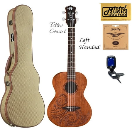 Luna UKE TC MAH L, Mahogany Tattoo Concert Ukulele LEFTY, Tweed Case Bundle