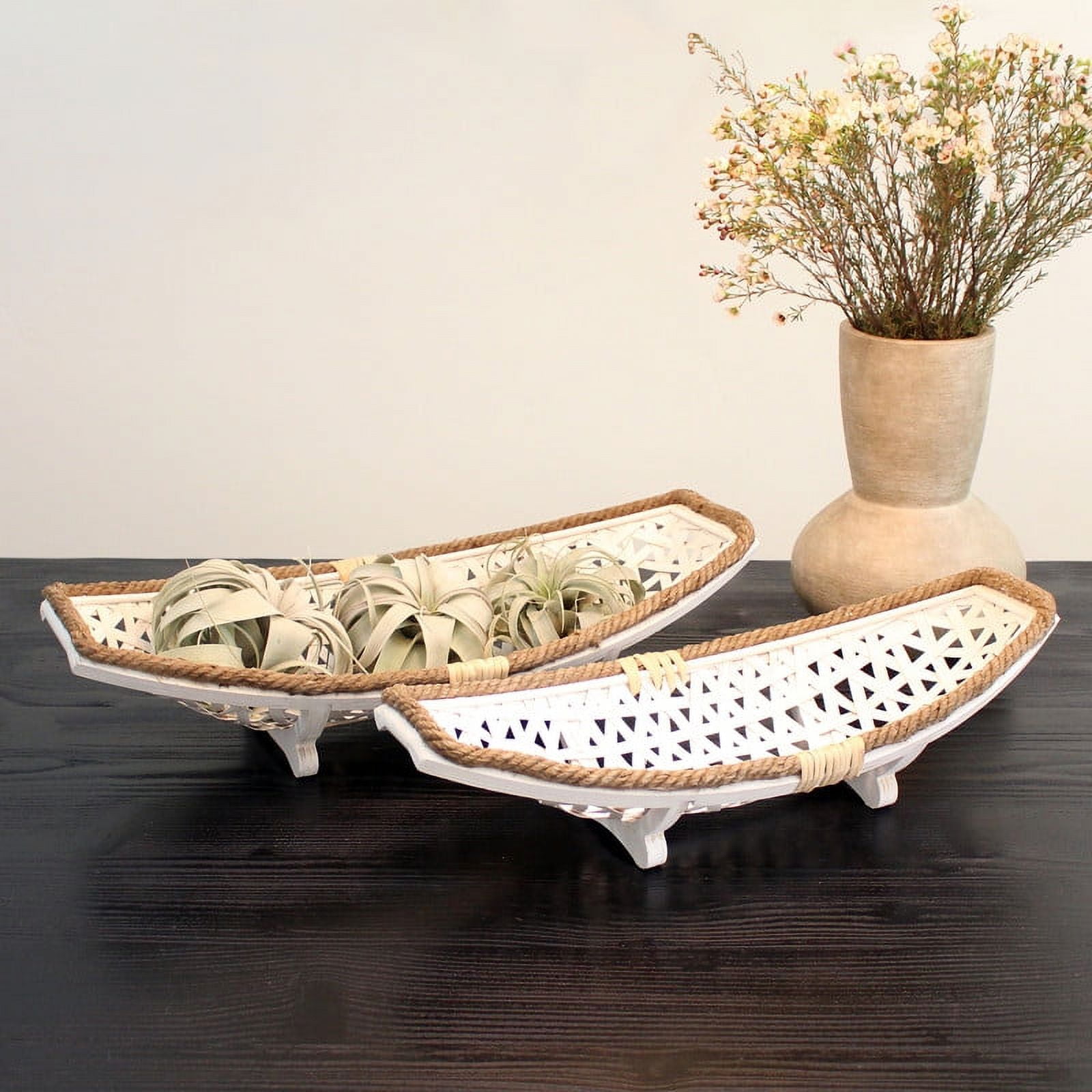 Luna White Metal Boho Rattan Weaved Tabletop Set of 2