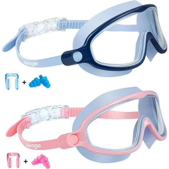 LunaGoods Swim Goggles 2 Pack Anti-Fog Anti-UV Wide View Swimming Goggles for Kids 3-14