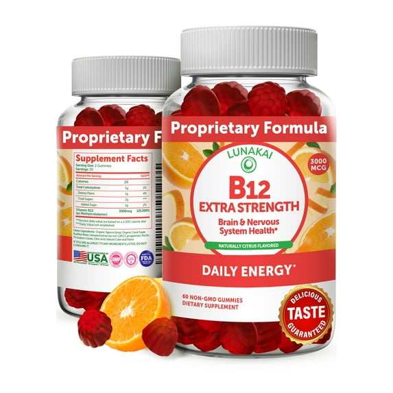 Lunakai Vitamin B12 Gummies Non-GMO Vegan Paleo No Corn Syrup, 30 Day Supply