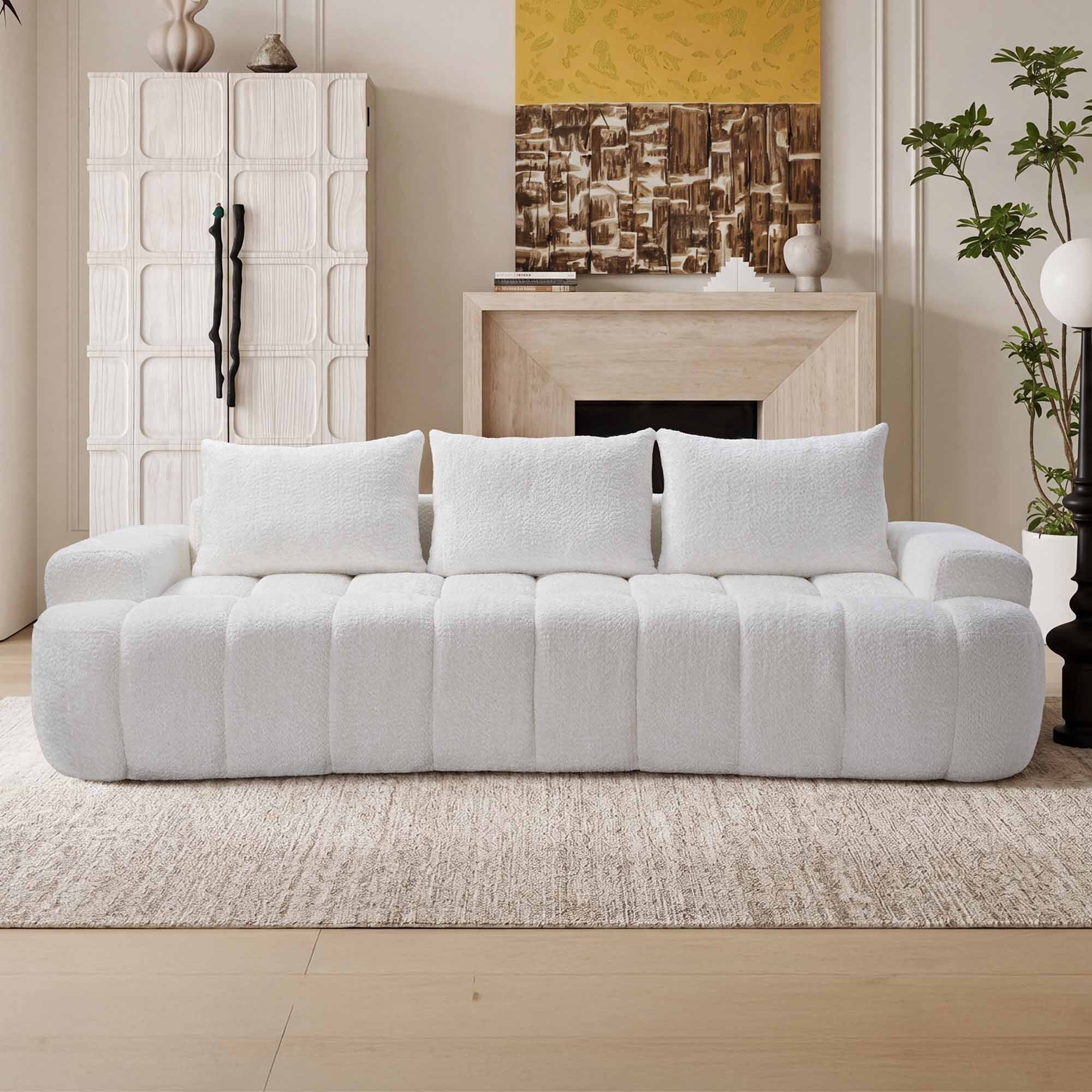 Lunale 100" Curved Boneless Sofa, 3-Seater Cloud Couch, No Assembly Required, Modern Floor Sofa for Living Room, White