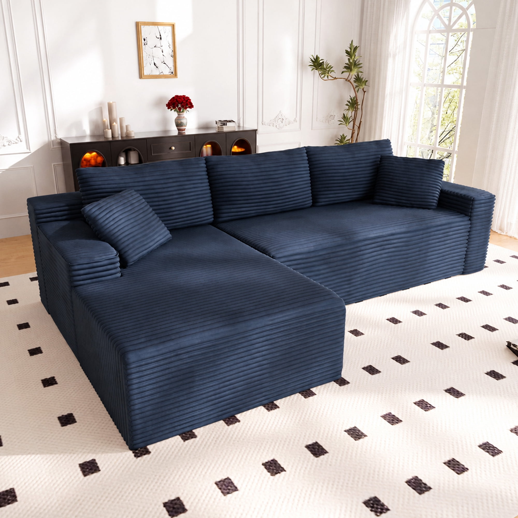 Lunale 105" Modular L-Shaped Sectional Sofa, Boneless Cloud Couch, No Assembly Required, Modern Deep Seat Corduroy Sofa for Living Room, Blue (Left Facing Chaise)