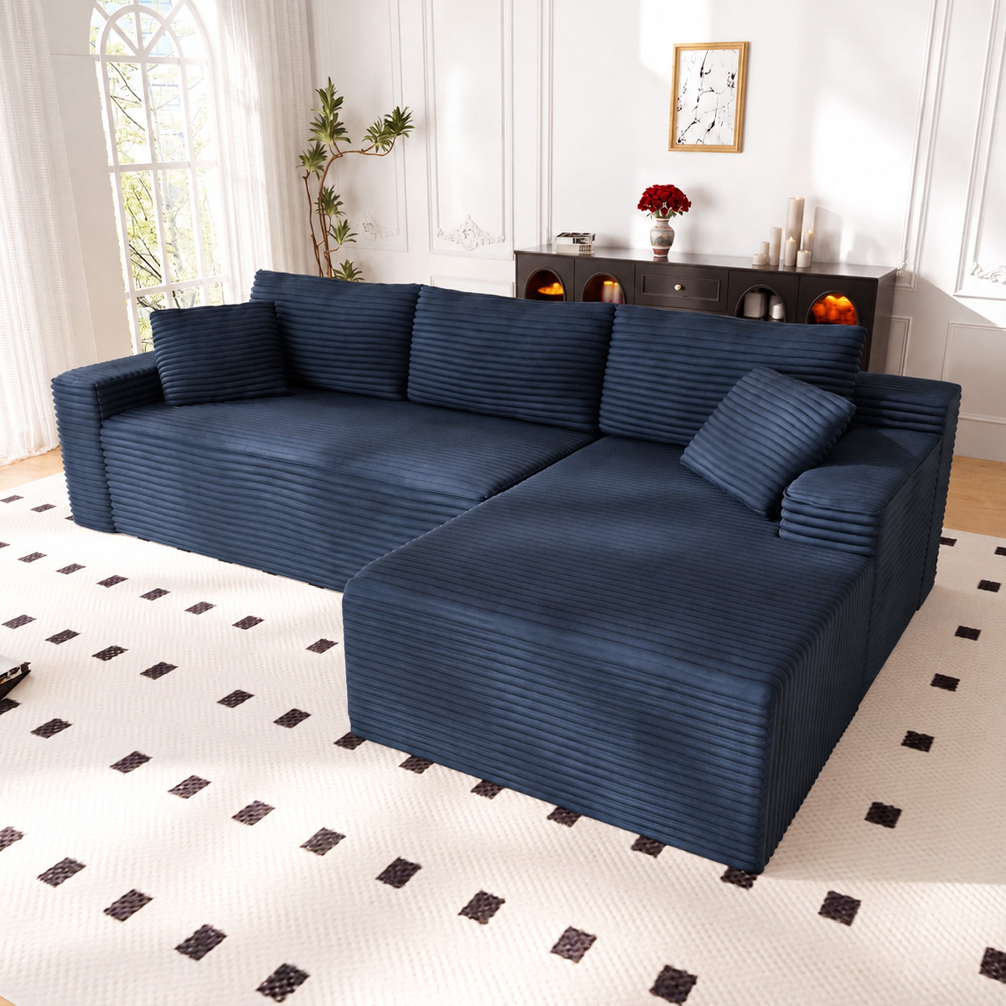 Lunale 105" Modular L-Shaped Sectional Sofa, Boneless Cloud Couch, No Assembly Required, Modern Deep Seat Corduroy Sofa for Living Room, Blue (Right Facing Chaise)