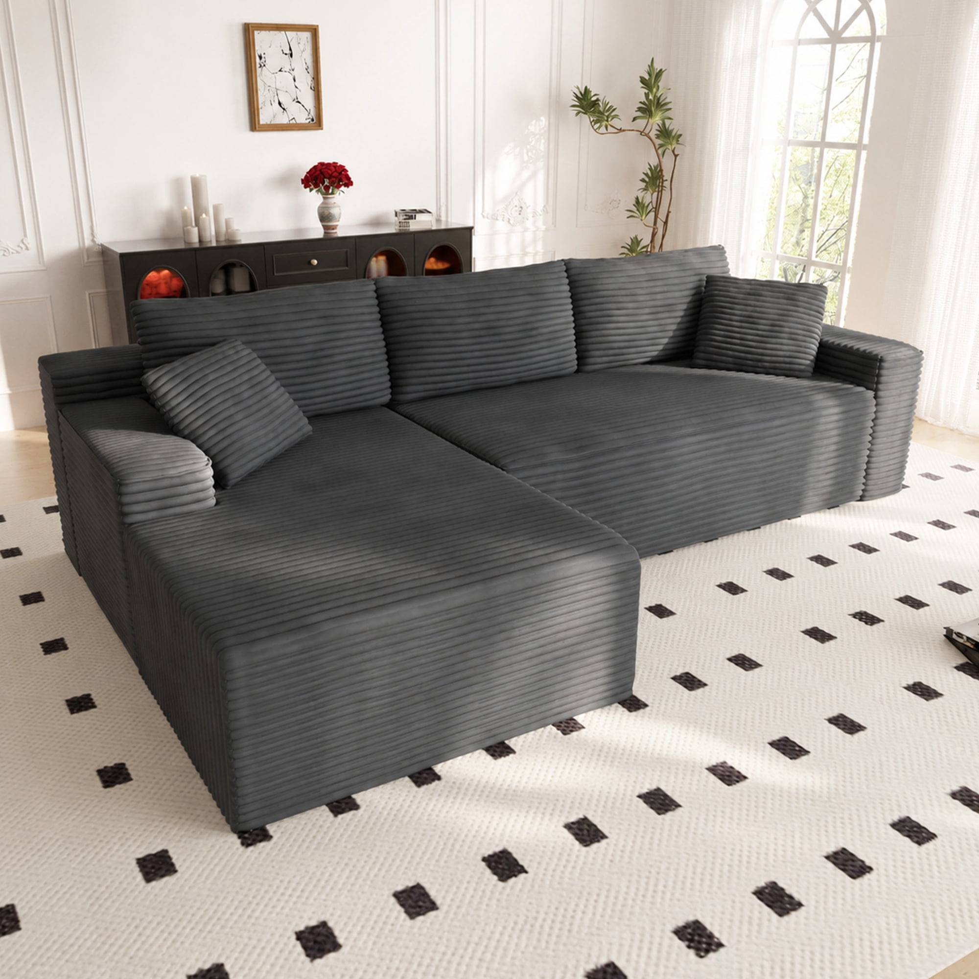 Lunale 105" Modular L-Shaped Sectional Sofa, Boneless Cloud Couch, No Assembly Required, Modern Deep Seat Corduroy Sofa for Living Room, Dark Gray (Left Facing Chaise)