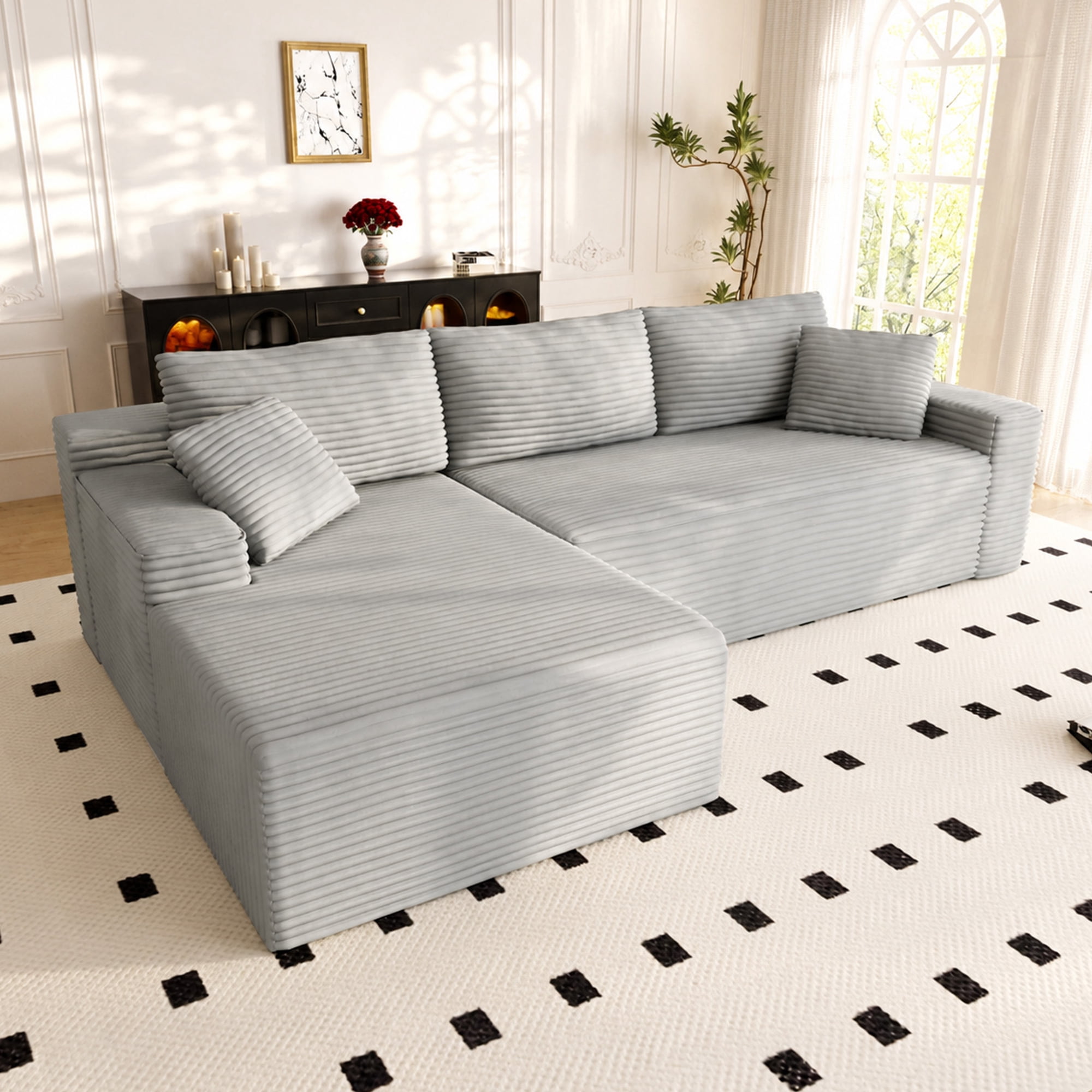 Lunale 105" Modular L-Shaped Sectional Sofa, Boneless Cloud Couch, No Assembly Required, Modern Deep Seat Corduroy Sofa for Living Room, Light Grey (Left Facing Chaise)