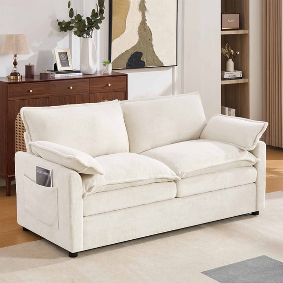 Lunale 2-Seater Sofa with Storage Pockets, Small Modern Cloud Couch for Living Room, Beige Chenille