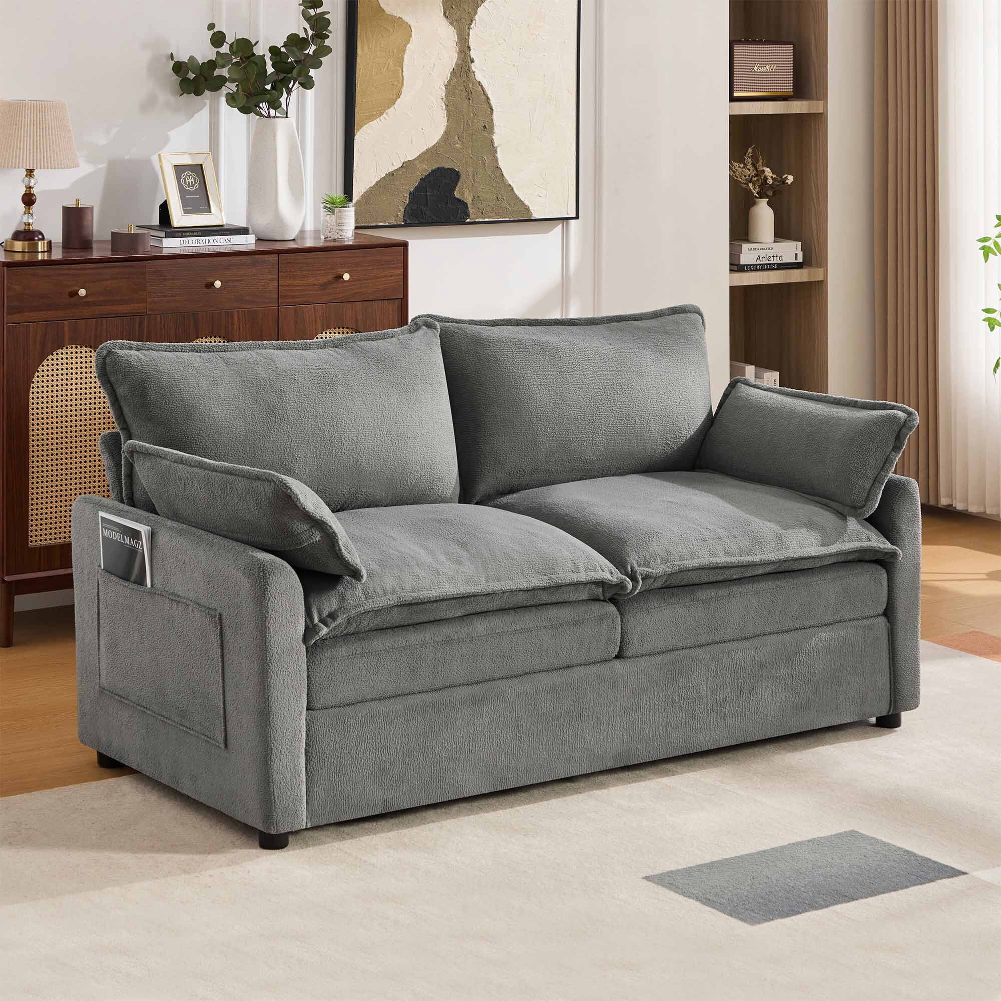 Lunale 2-Seater Sofa with Storage Pockets, Small Modern Cloud Couch for Living Room, Gray Chenille