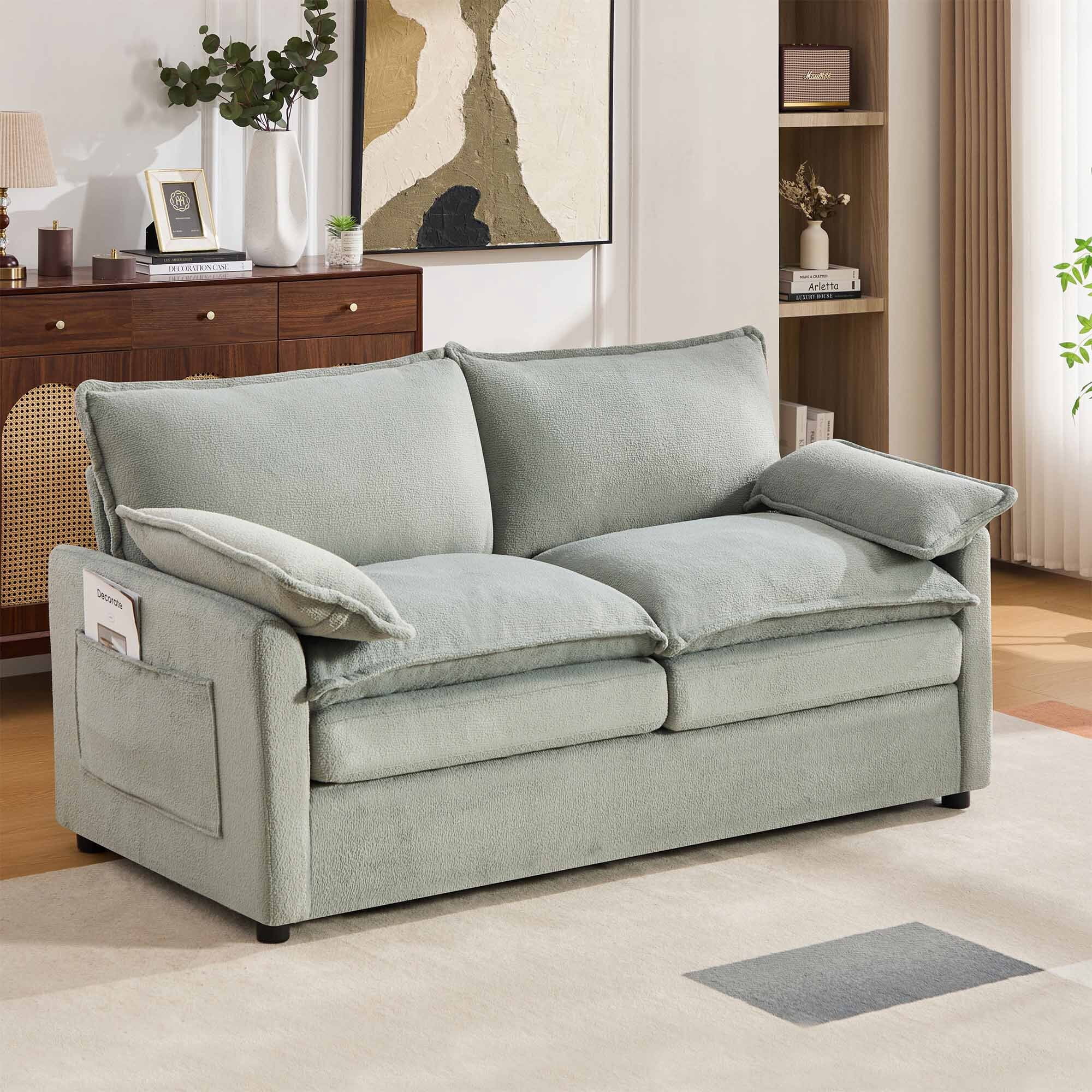 Lunale 2-Seater Sofa with Storage Pockets, Small Modern Cloud Couch for Living Room, Green Chenille