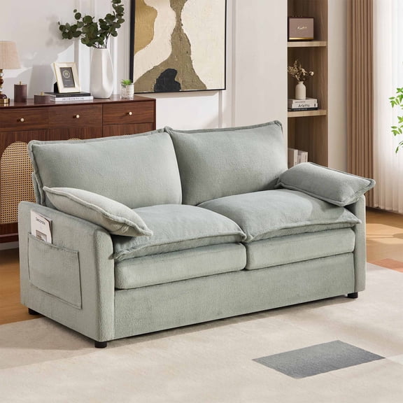 Lunale 2-Seater Sofa with Storage Pockets, Small Modern Cloud Couch for Living Room, Green Chenille
