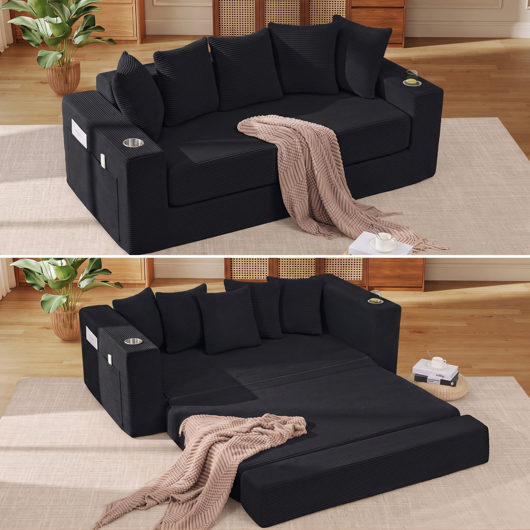 Lunale Convertible Sleeper Sofa Bed, Boneless Futon Cloud Couch, No Assembly Required, Pull Out Floor Couch Bed for Living Room, Black Corduroy