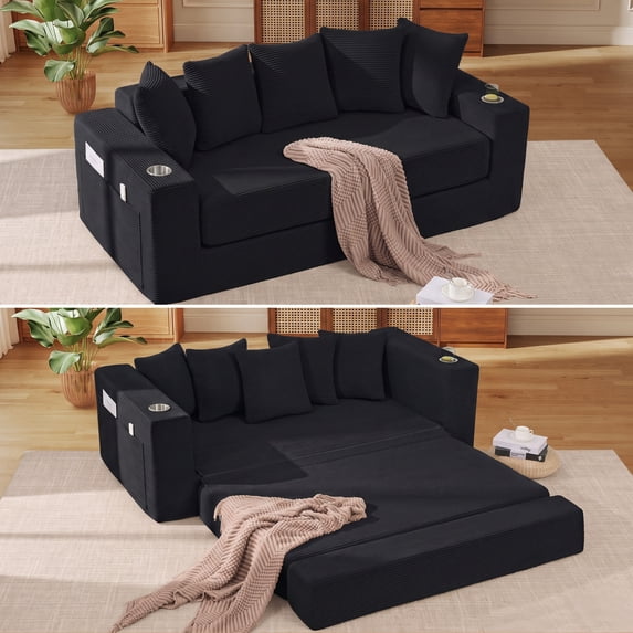 Lunale Convertible Sleeper Sofa Bed, Boneless Futon Cloud Couch, No Assembly Required, Pull Out Floor Couch Bed for Living Room, Black Corduroy