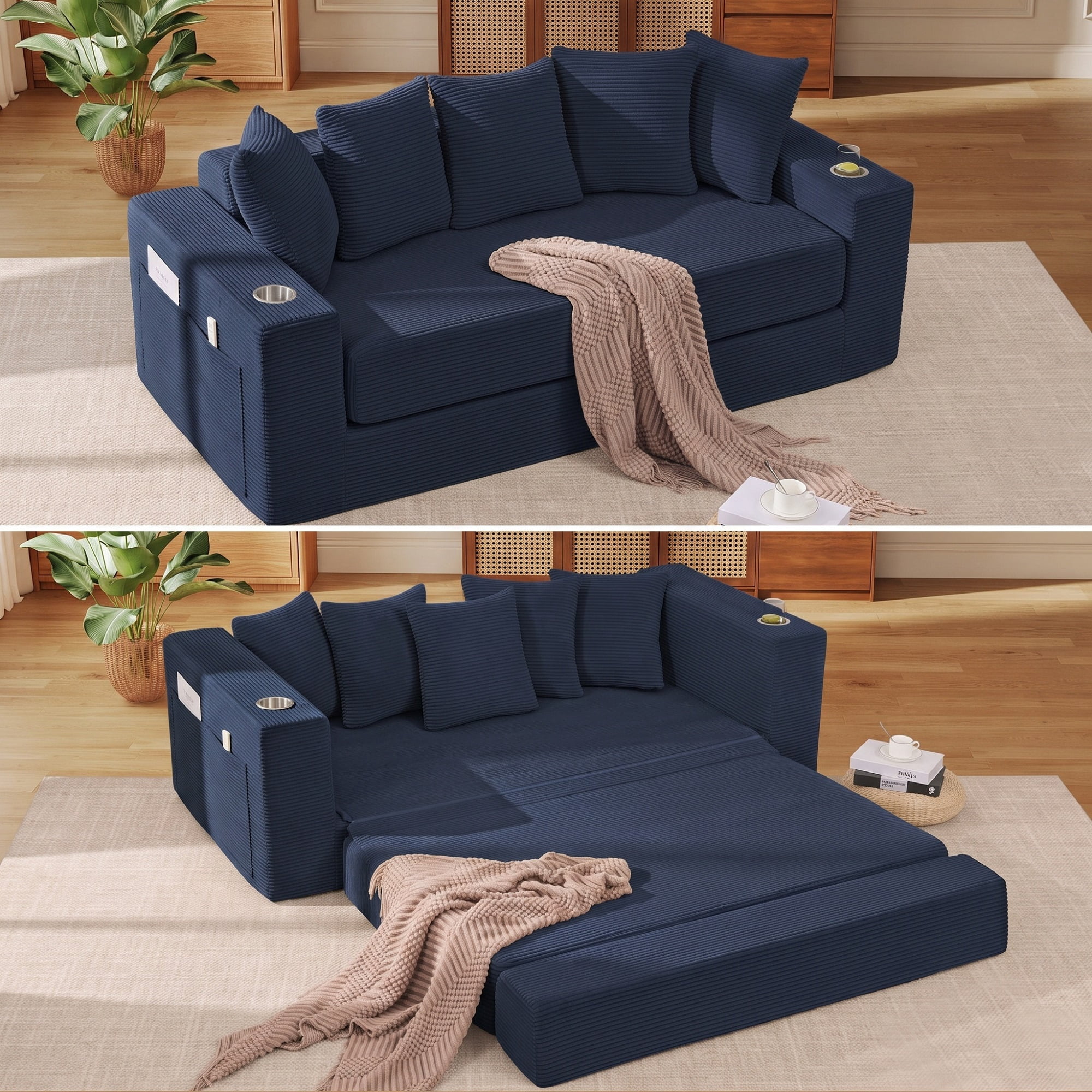 Lunale Convertible Sleeper Sofa Bed, Boneless Futon Cloud Couch, No Assembly Required, Pull Out Floor Couch Bed for Living Room, Blue Corduroy