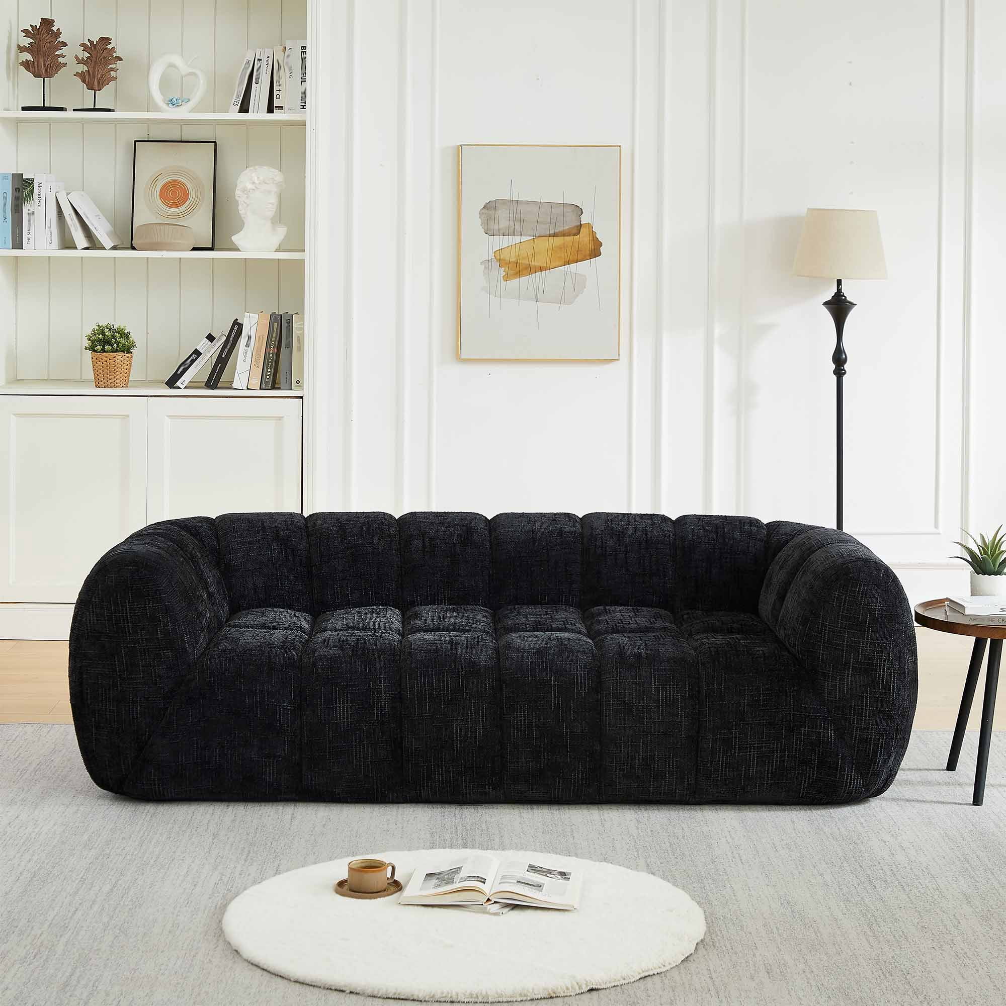 Lunale 3-Seater Boneless Sofa, No Assembly Required, Modern Cloud Couch for Living Room, Apartment, Black Chenille