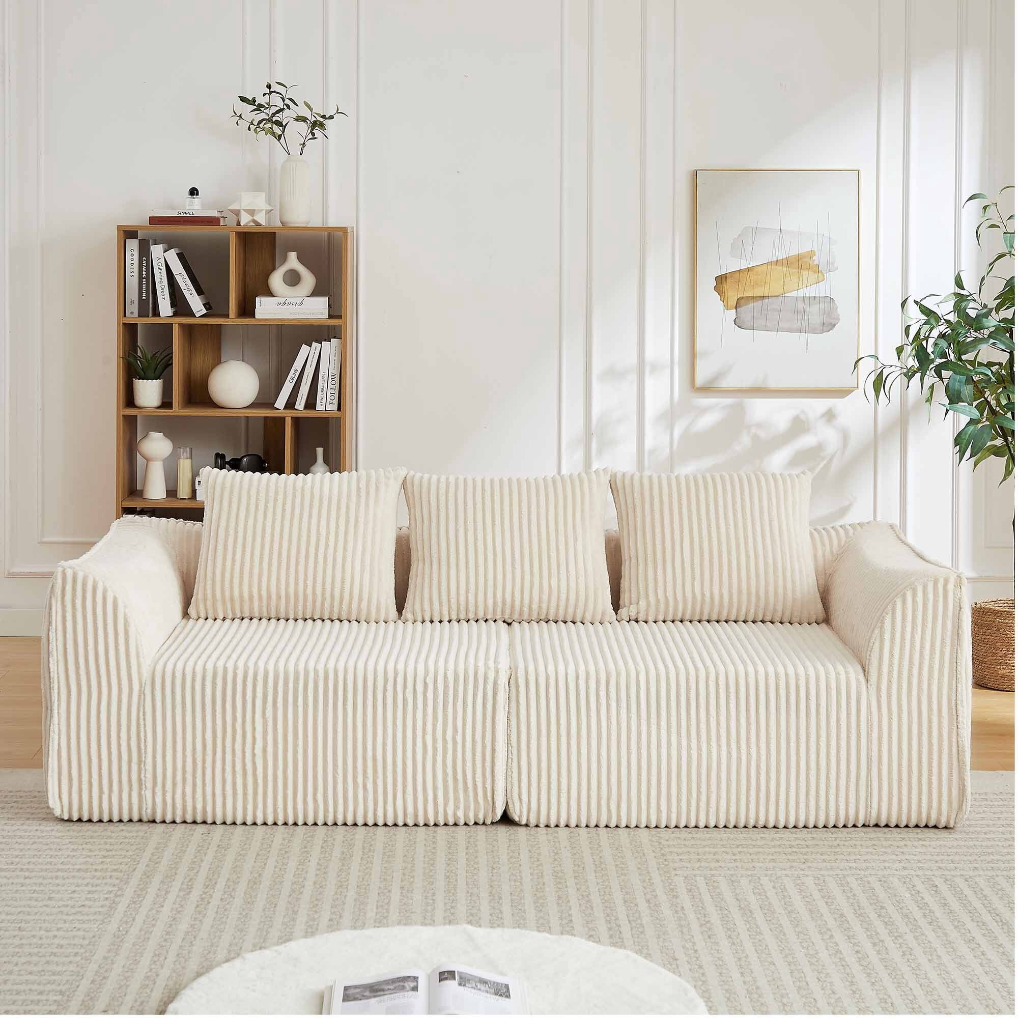 Lunale 3-Seater Modular Sectional Sofa, 92" Boneless Cloud Couch, No Assembly Required, Modern Corduroy Sofa for Living Room, Beige