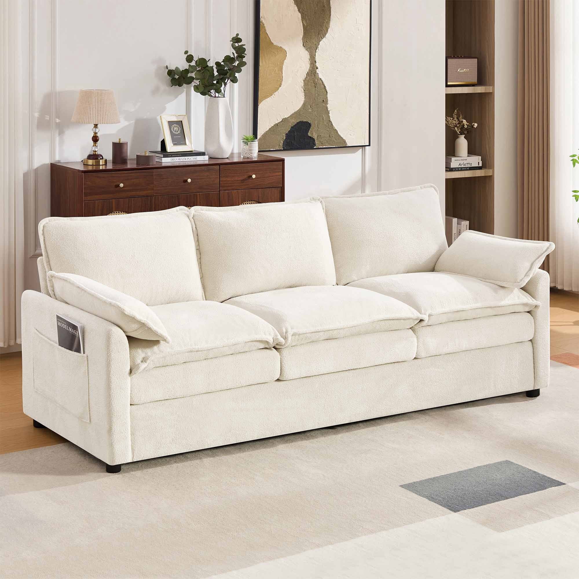 Lunale 3-Seater Sofa with Storage Pockets, Modern Cloud Couch for Living Room, Beige Chenille