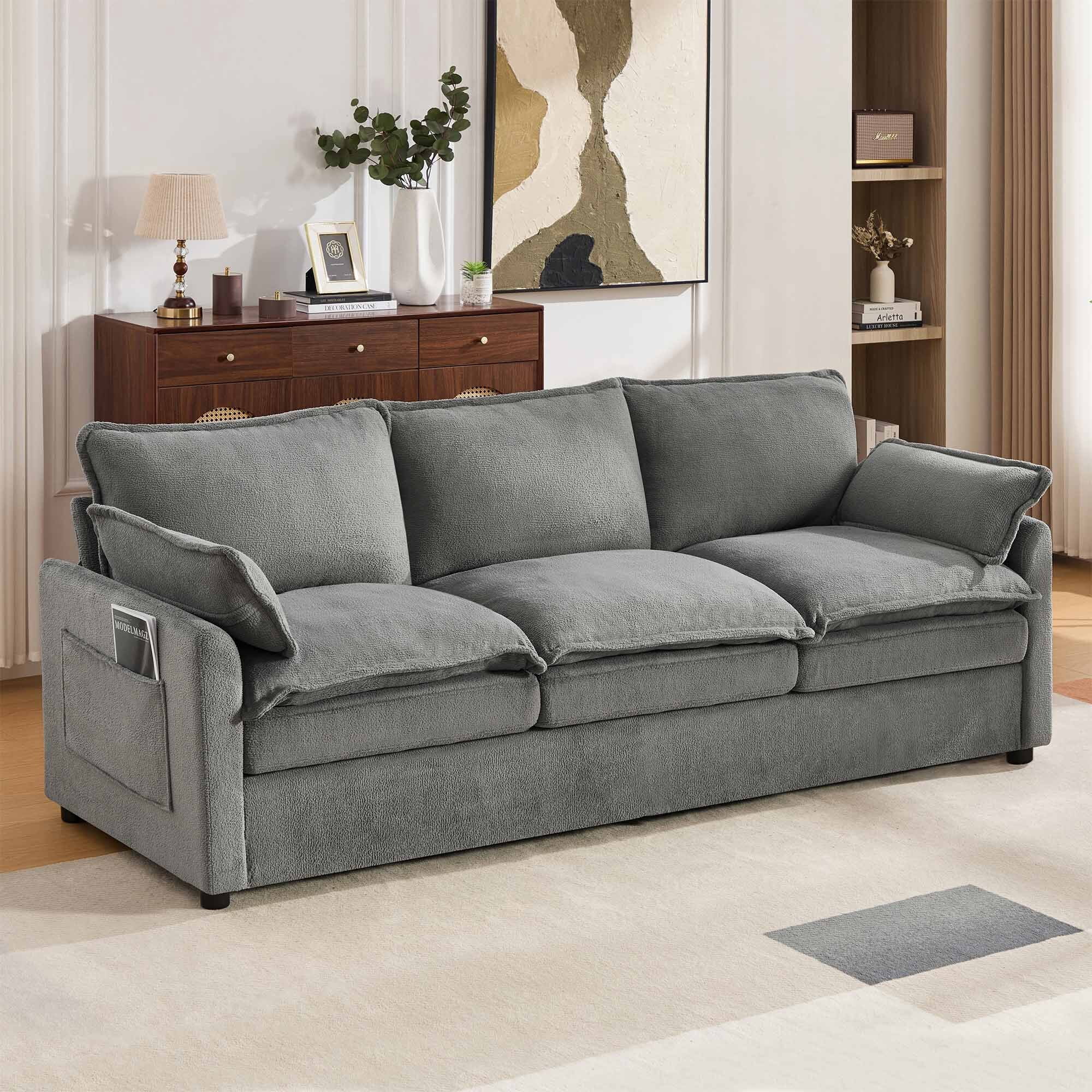 Lunale 3-Seater Sofa with Storage Pockets, Modern Cloud Couch for Living Room, Green Chenille