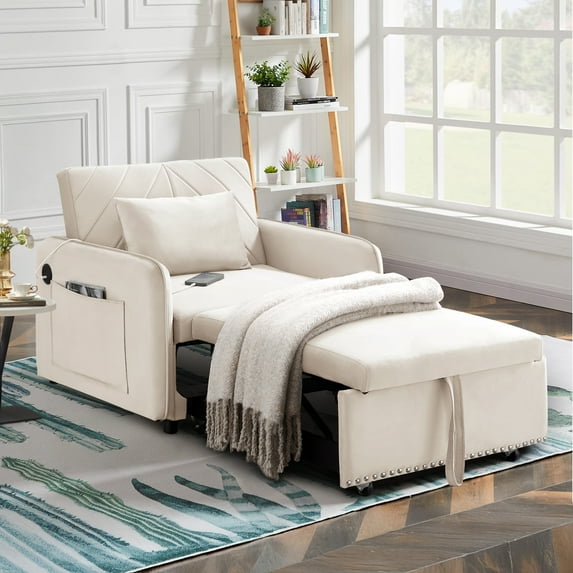 Lunale 3-in-1 Convertible Sleeper Chair Bed, Indoor Lounge Chair with USB/Type-C, Beige Velvet