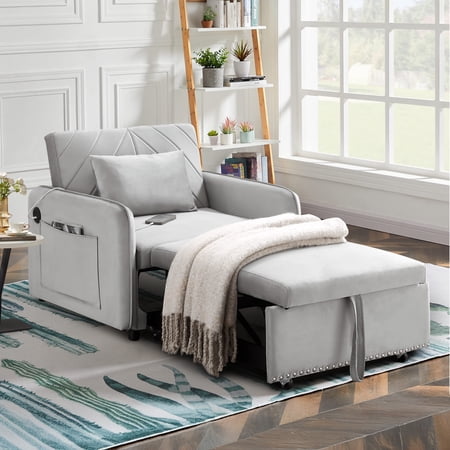 Lunale 3-in-1 Convertible Sleeper Chair Bed, Indoor Lounge Chair with USB/Type-C, Gray Velvet