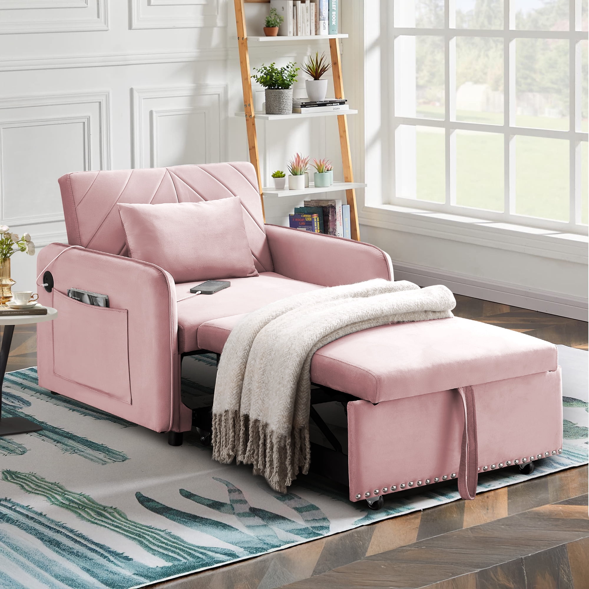 Lunale 3-in-1 Convertible Sleeper Chair Bed, Indoor Lounge Chair with USB/Type-C, Pink Velvet