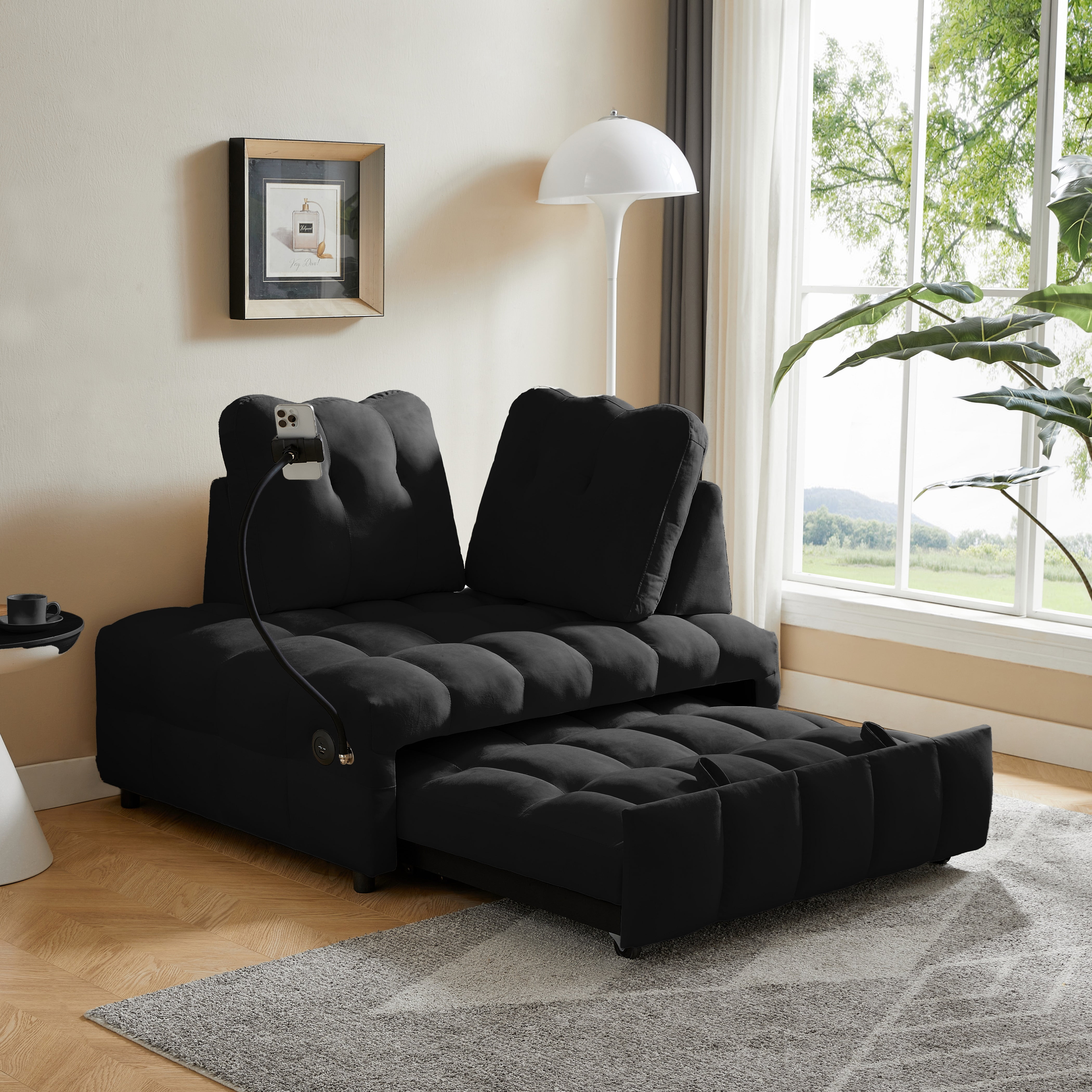 Lunale 3 in 1 Convertible Sofa Bed, Modern Sofa With With Usb Port,Black