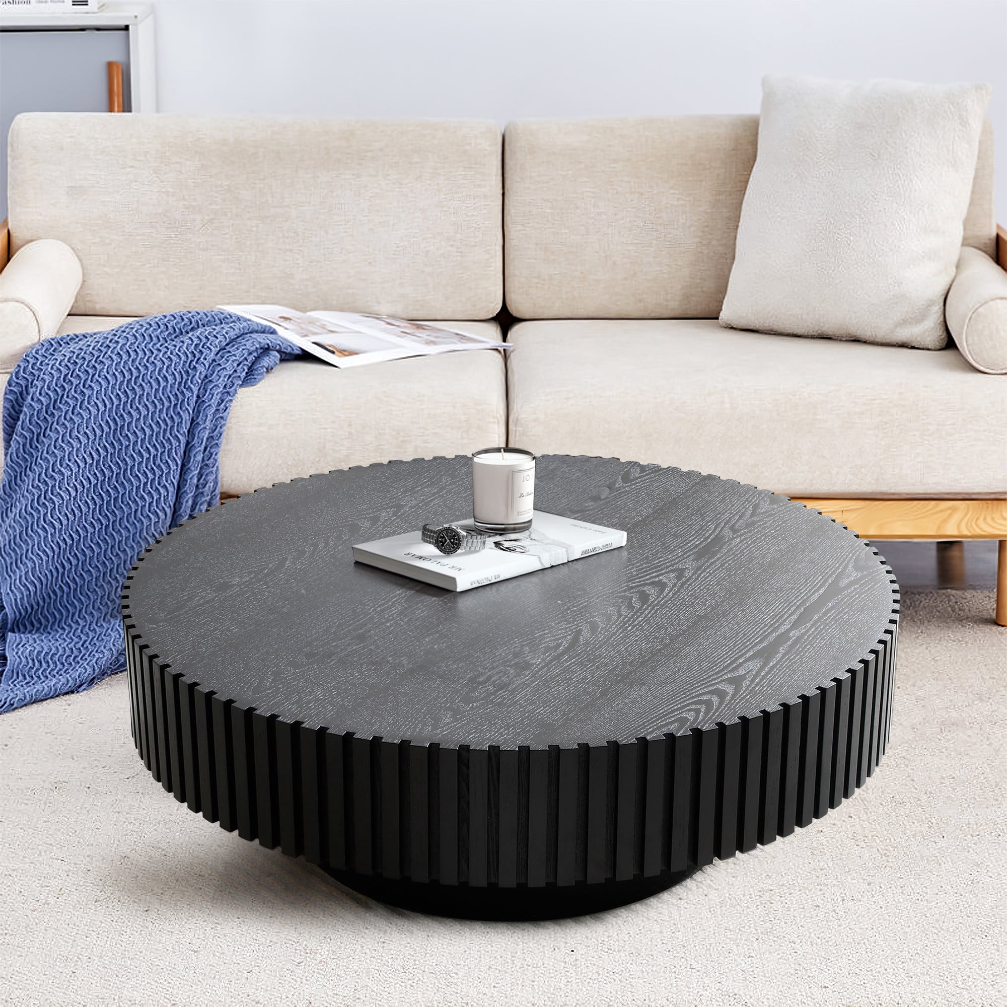 Lunale 31.49" Round Coffee Table, Wooden Drum Table for Living Room, Black