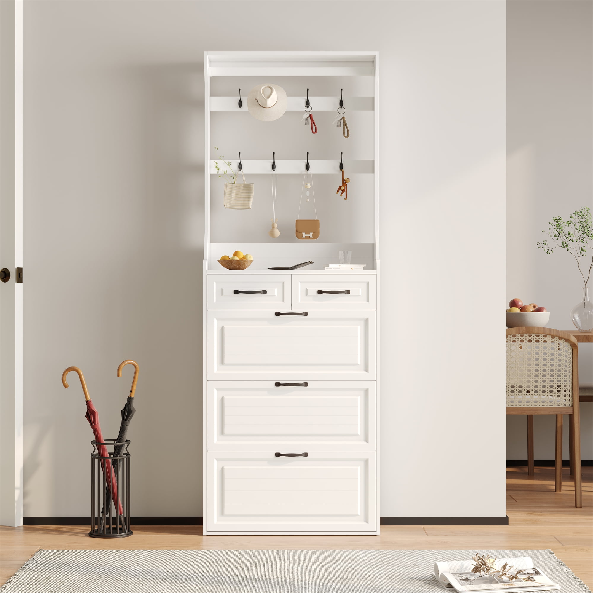Lunale 31.5"L Slimline 3 Flip-Door Shoe Cabinet with 2 Drawers and 2 Hangers, Storage Shoe Organizer for Entryway, White
