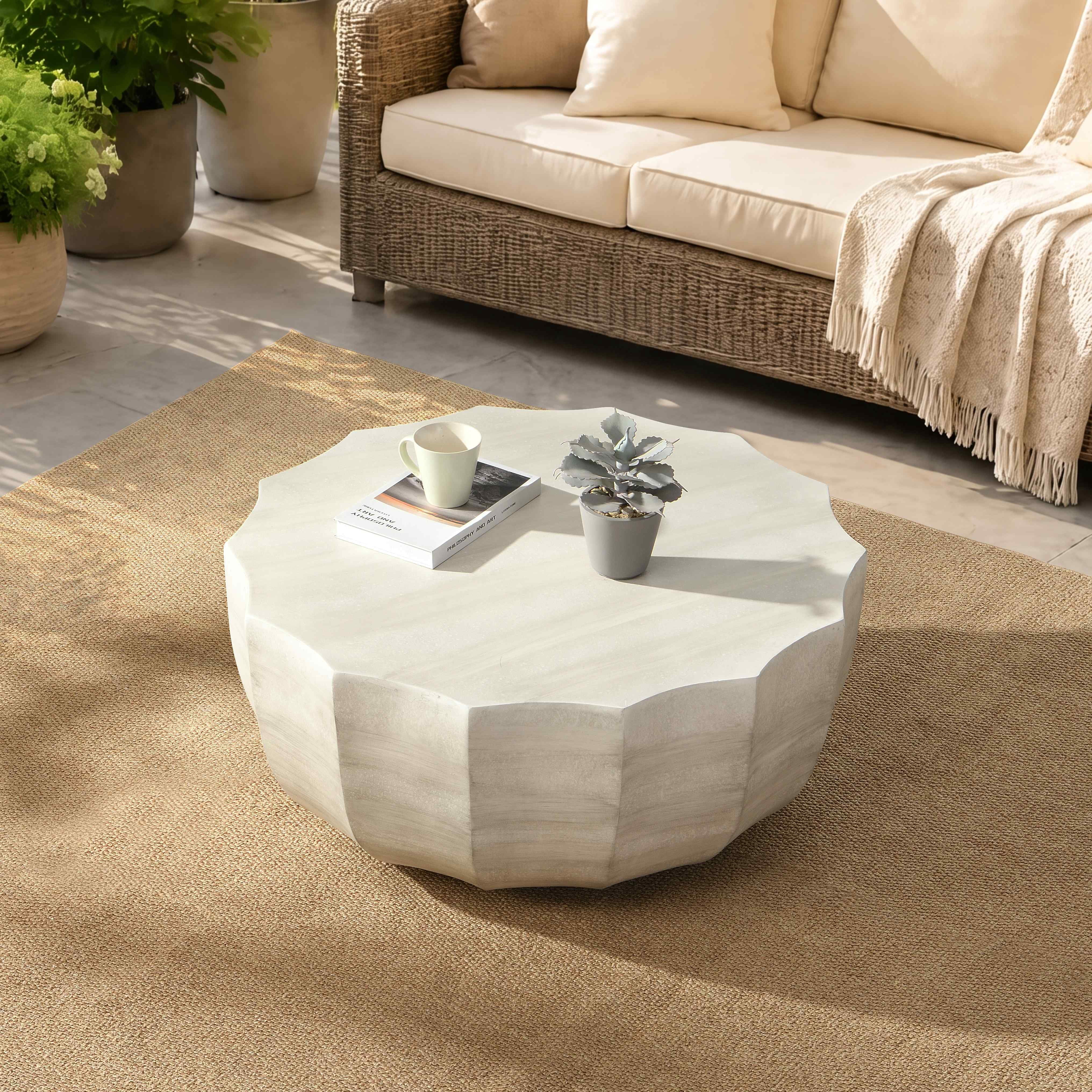 Lunale 35.43" Coffee Table for Indoor & Outdoor, Waterproof Durable MgO Cement Design, Off White