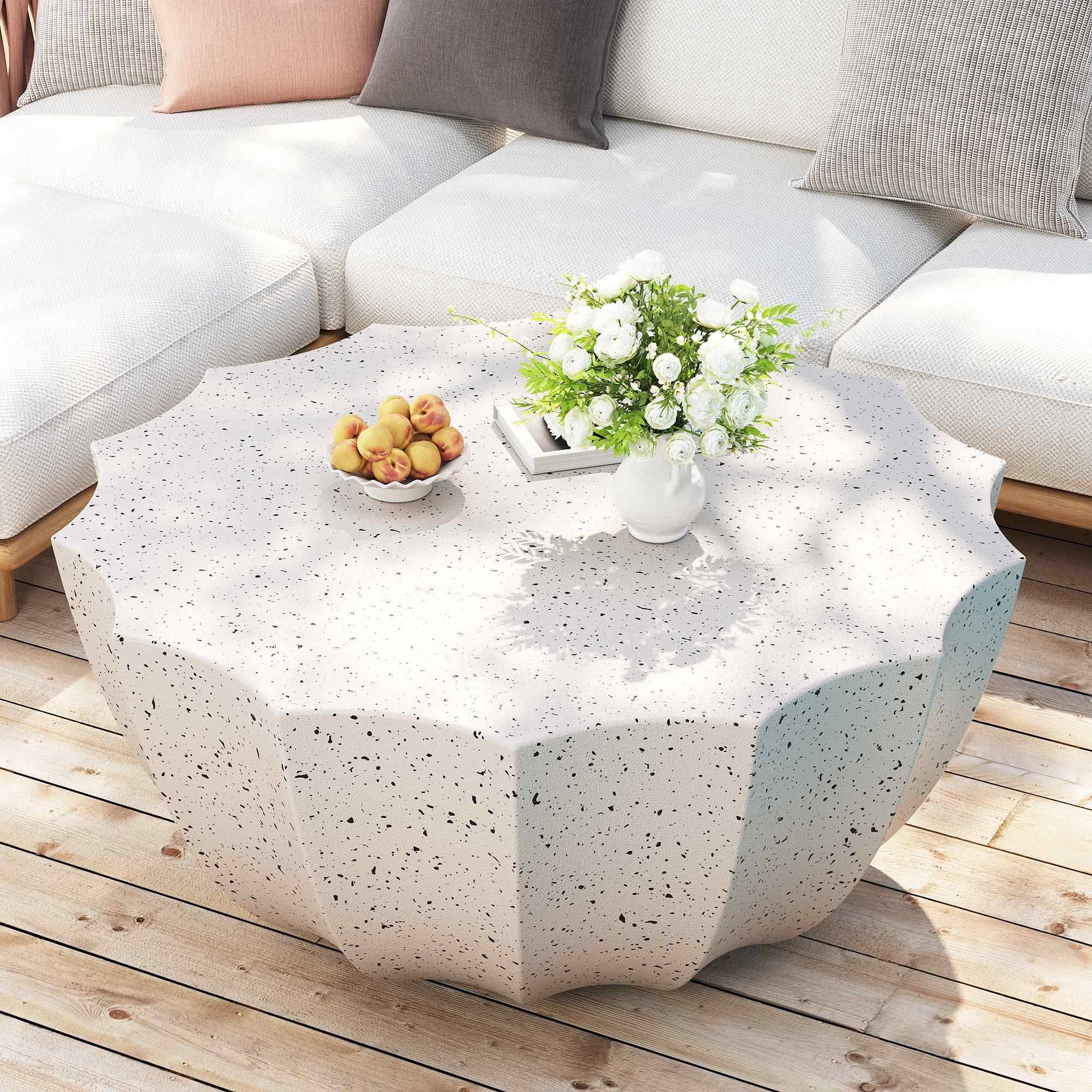 Lunale 35.43" Coffee Table for Indoor & Outdoor, Waterproof Durable MgO Cement Design, White