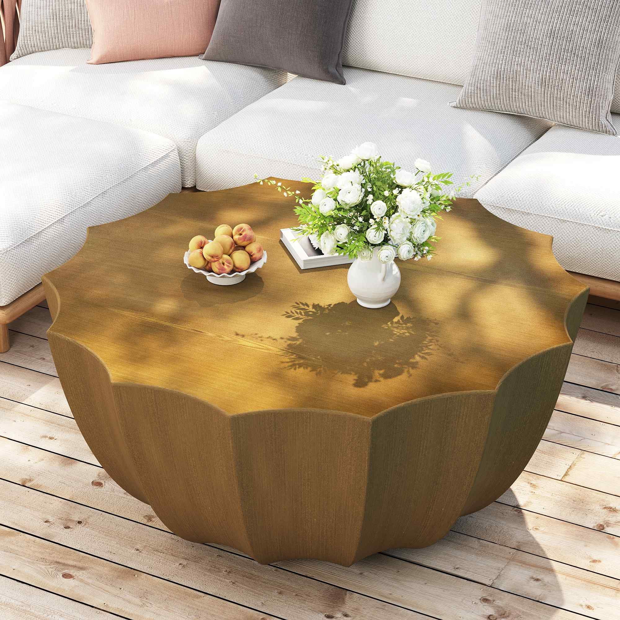 Lunale 35.43" Coffee Table for Indoor & Outdoor, Waterproof Durable MgO Cement Design, Wood Grain