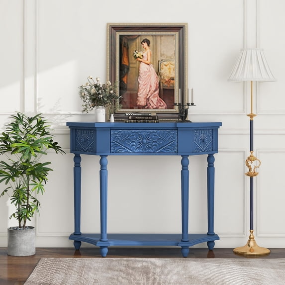 Lunale 39.37" Elegant Carved End Console Table with 1 Drawer, Storage Sideboard Table for Living Room, Kitchen, Navy Blue
